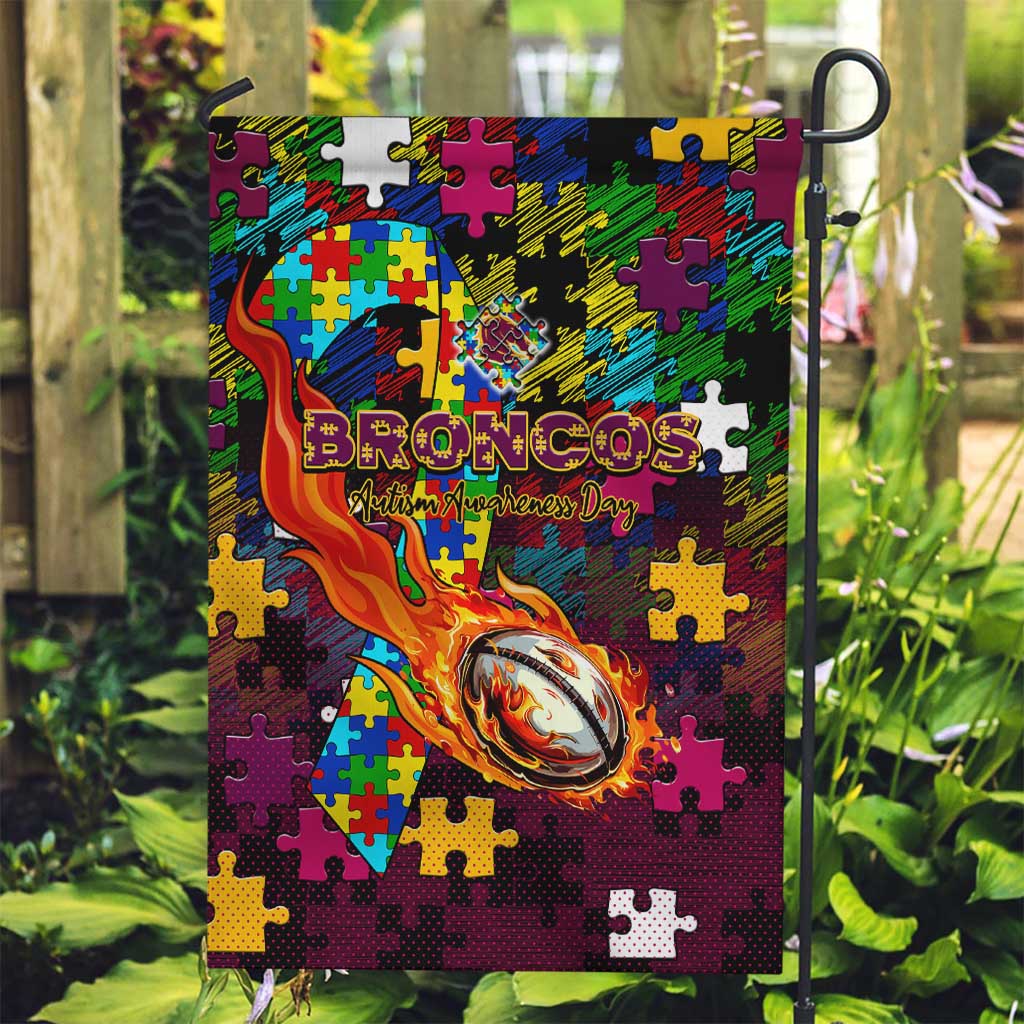 Broncos Autism Awareness Garden Flag Puzzle Flames Rugby Ball