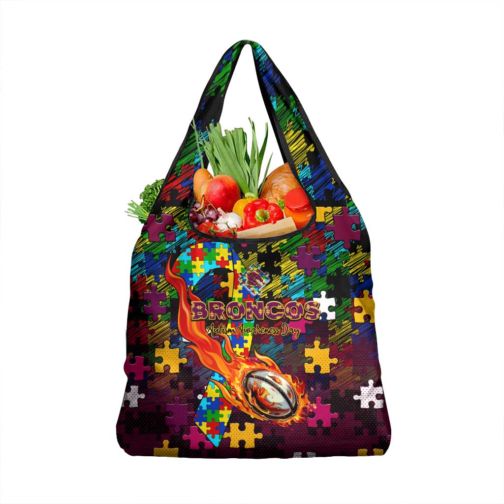 Broncos Autism Awareness Grocery Bag Puzzle Flames Rugby Ball