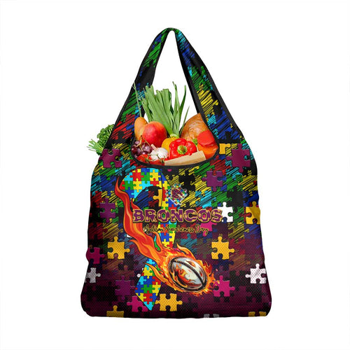 Broncos Autism Awareness Grocery Bag Puzzle Flames Rugby Ball