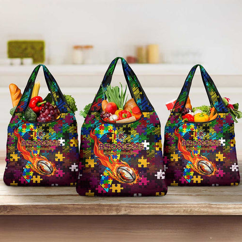 Broncos Autism Awareness Grocery Bag Puzzle Flames Rugby Ball