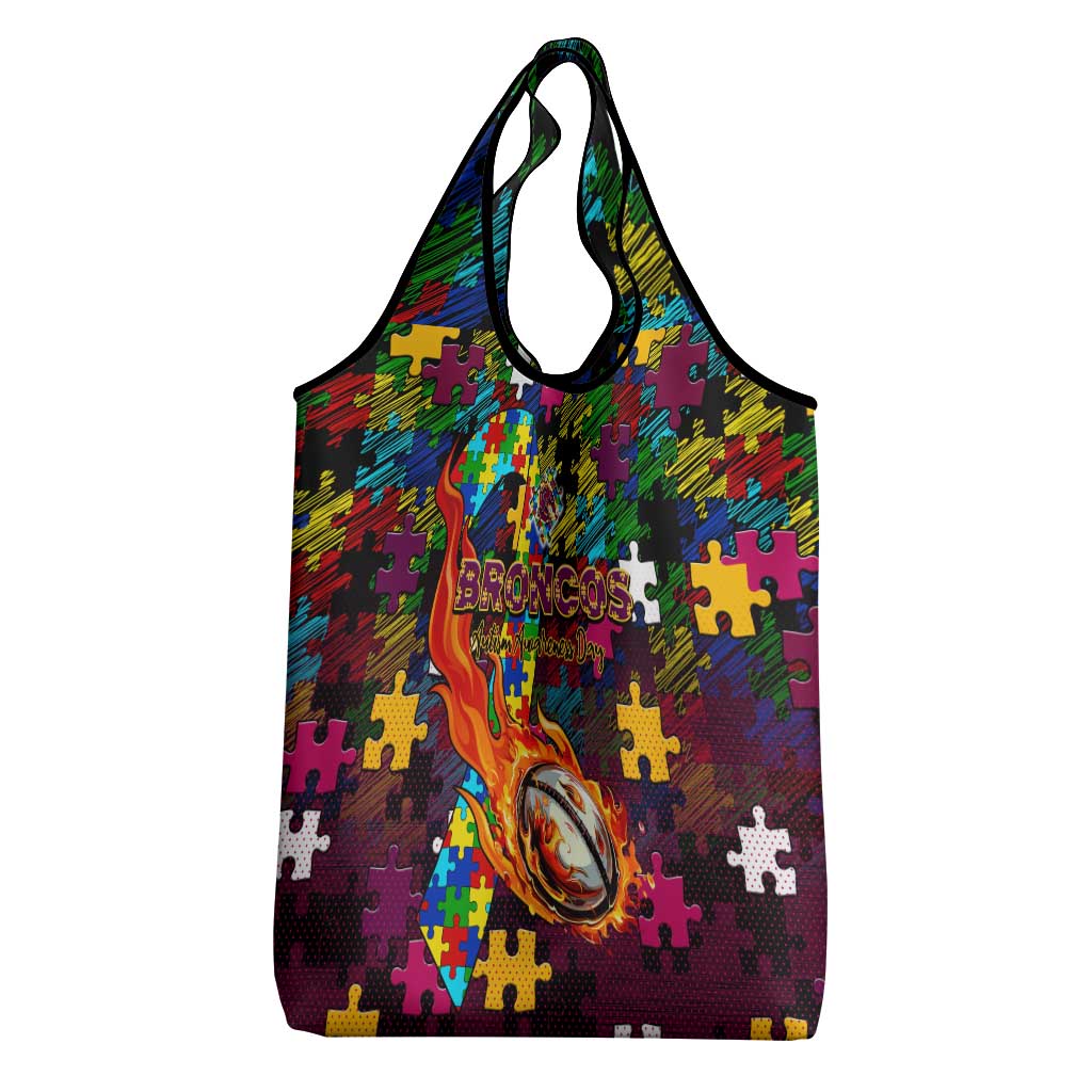 Broncos Autism Awareness Grocery Bag Puzzle Flames Rugby Ball