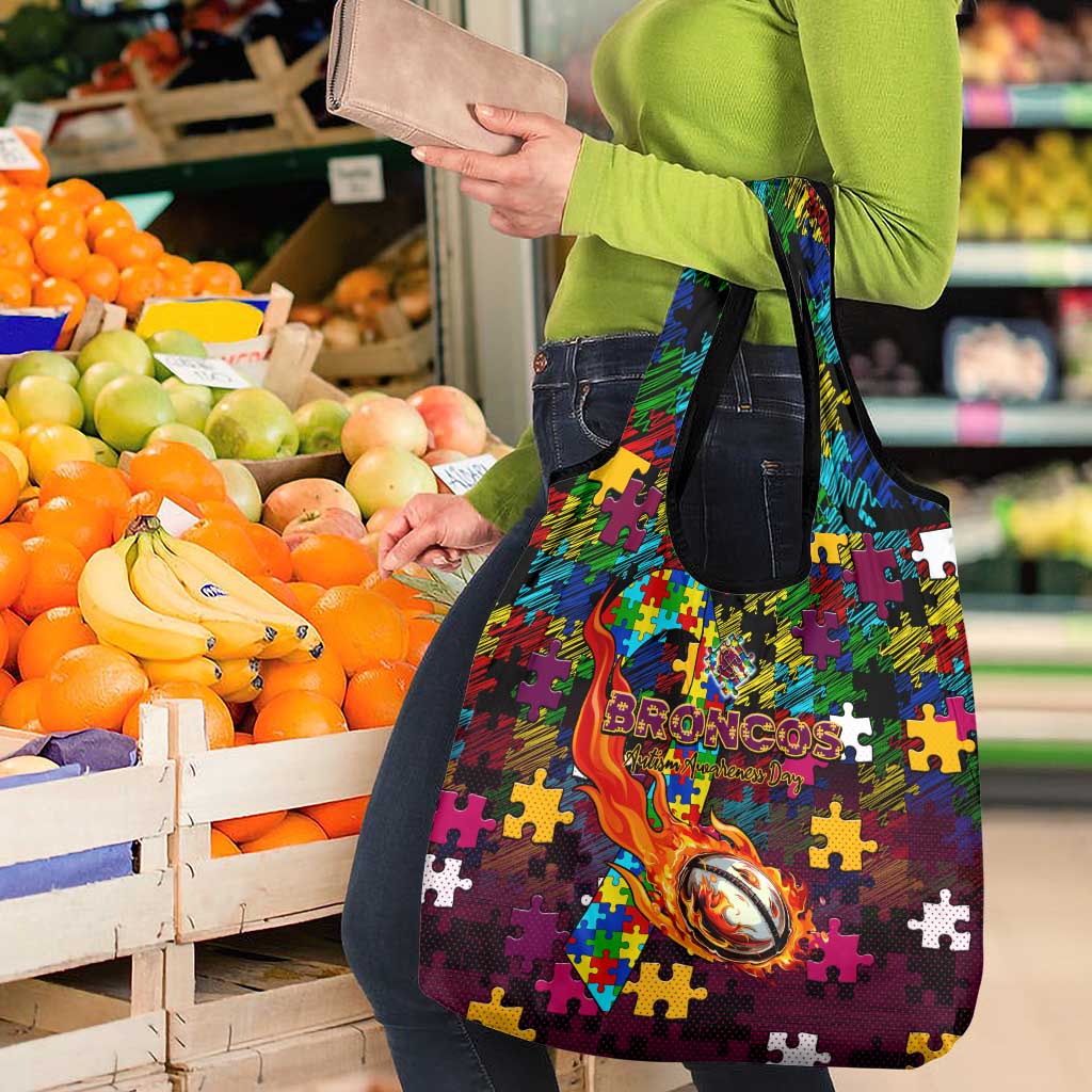 Broncos Autism Awareness Grocery Bag Puzzle Flames Rugby Ball