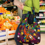 Broncos Autism Awareness Grocery Bag Puzzle Flames Rugby Ball