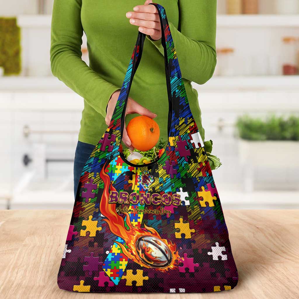 Broncos Autism Awareness Grocery Bag Puzzle Flames Rugby Ball