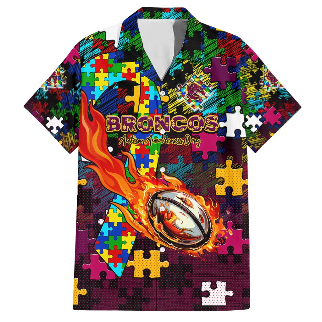 Broncos Autism Awareness Hawaiian Shirt Puzzle Flames Rugby Ball
