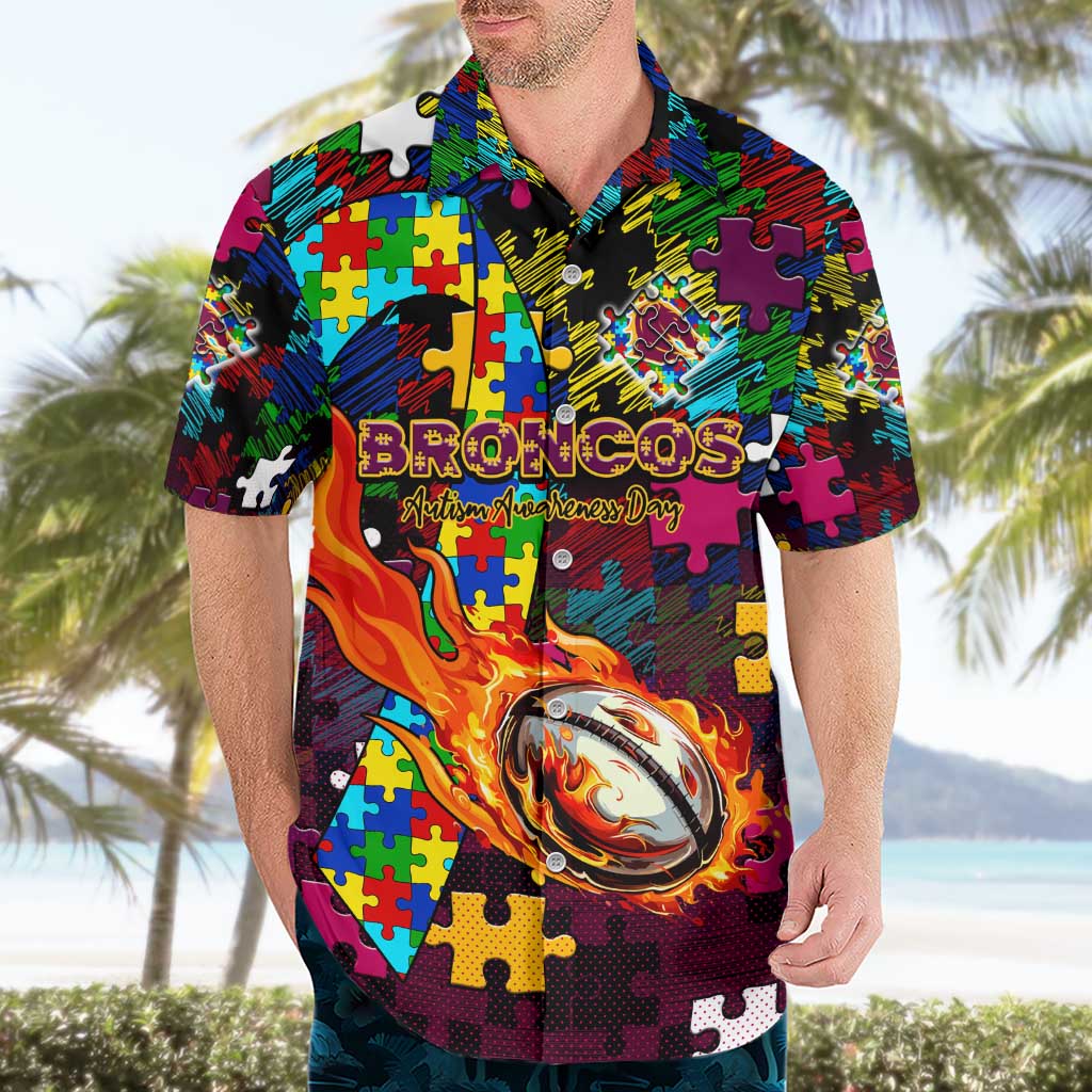 Broncos Autism Awareness Hawaiian Shirt Puzzle Flames Rugby Ball