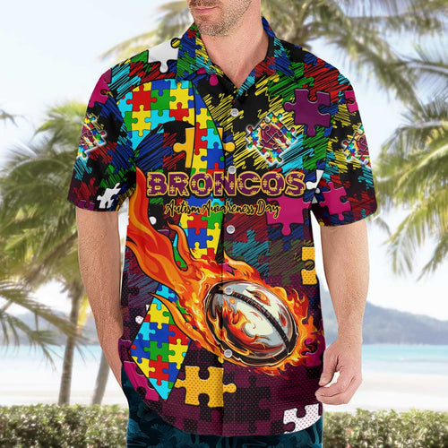 Broncos Autism Awareness Hawaiian Shirt Puzzle Flames Rugby Ball