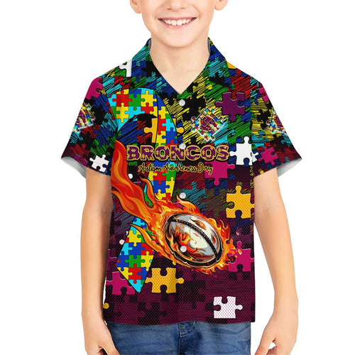 Broncos Autism Awareness Hawaiian Shirt Puzzle Flames Rugby Ball