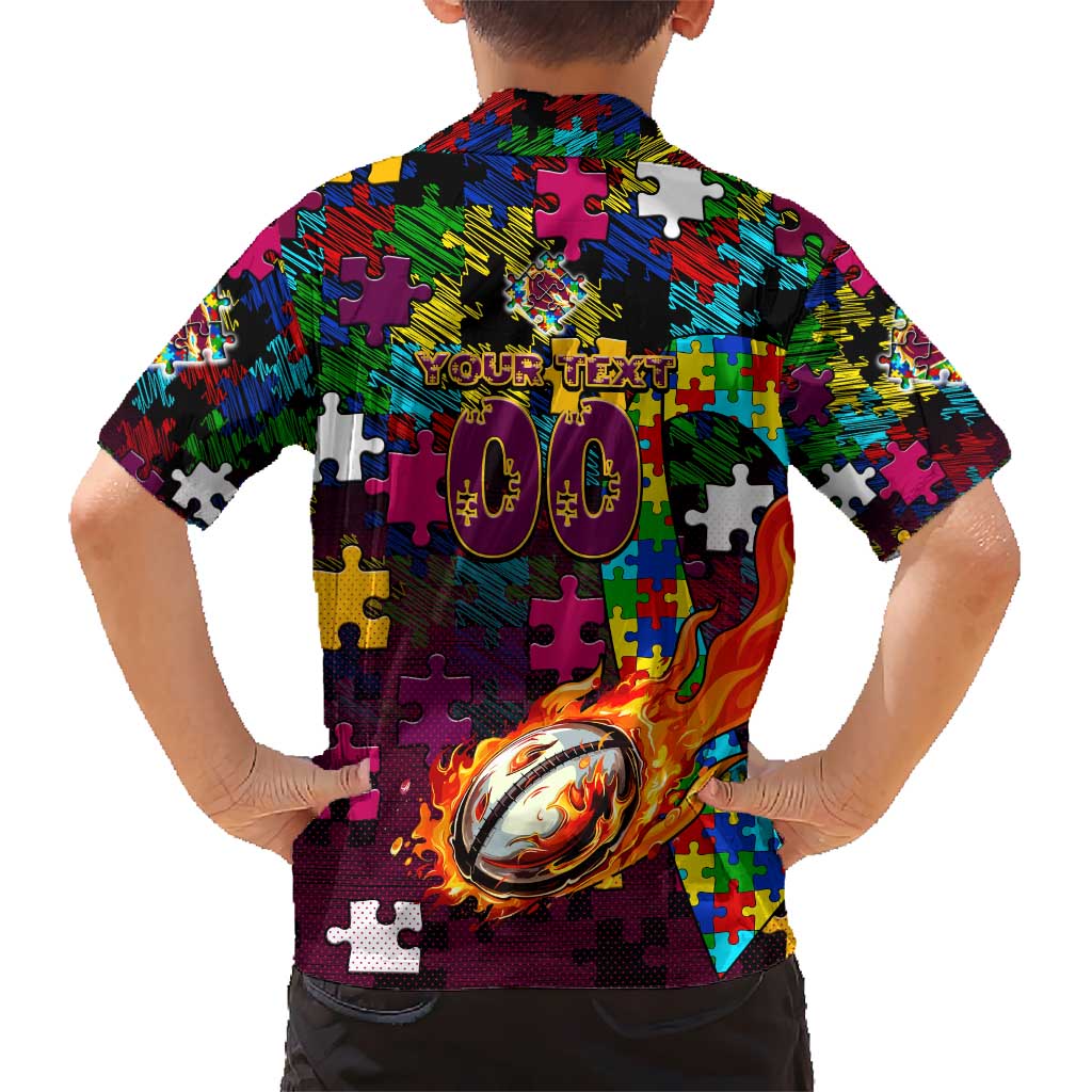 Broncos Autism Awareness Hawaiian Shirt Puzzle Flames Rugby Ball