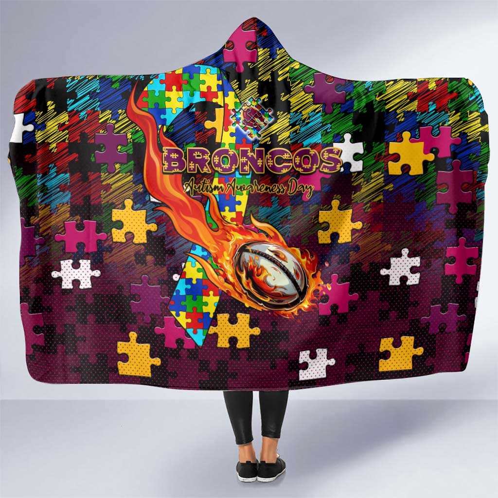 Broncos Autism Awareness Hooded Blanket Puzzle Flames Rugby Ball