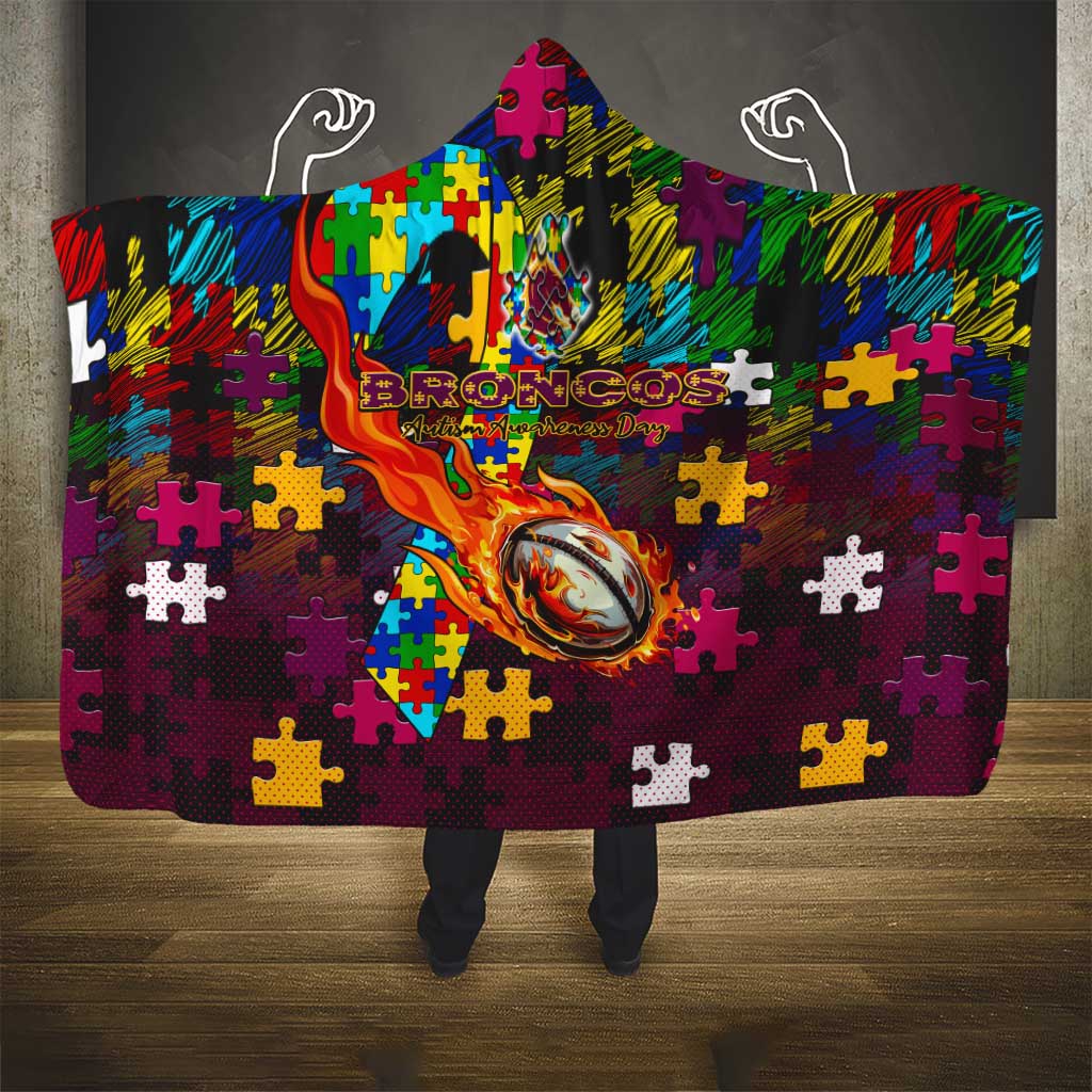 Broncos Autism Awareness Hooded Blanket Puzzle Flames Rugby Ball