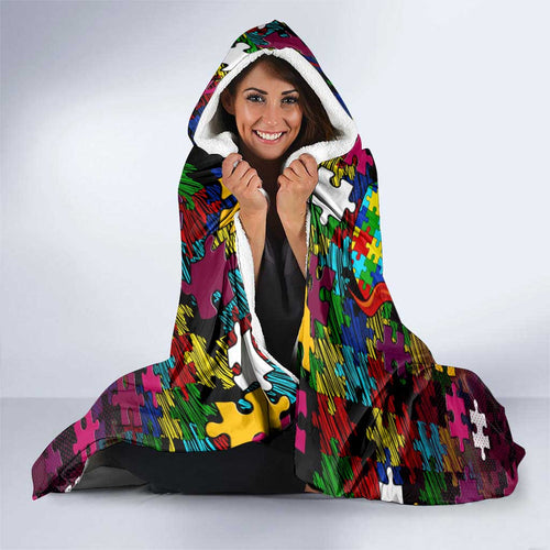 Broncos Autism Awareness Hooded Blanket Puzzle Flames Rugby Ball