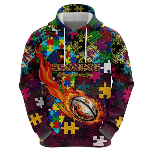 Broncos Autism Awareness Hoodie Puzzle Flames Rugby Ball