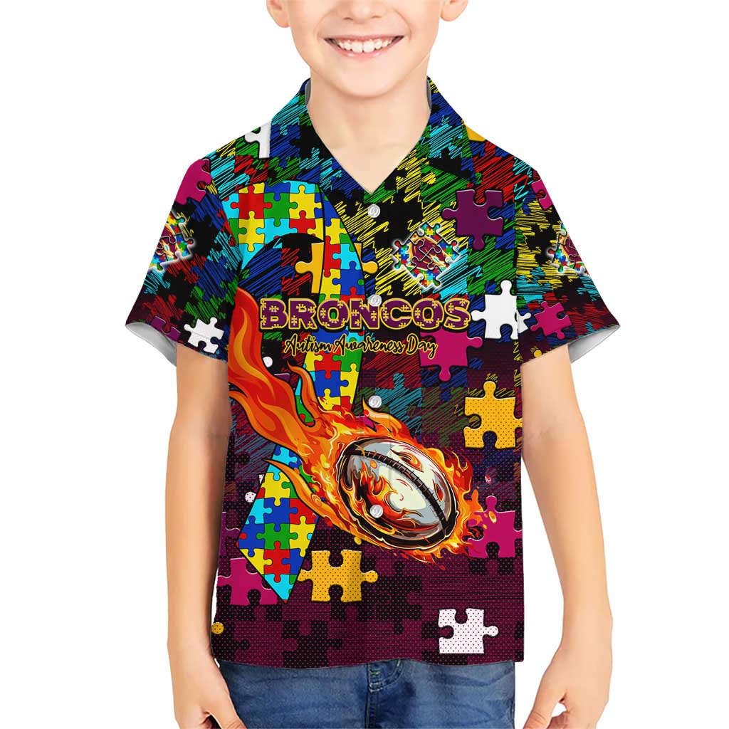 Broncos Autism Awareness Kid Hawaiian Shirt Puzzle Flames Rugby Ball