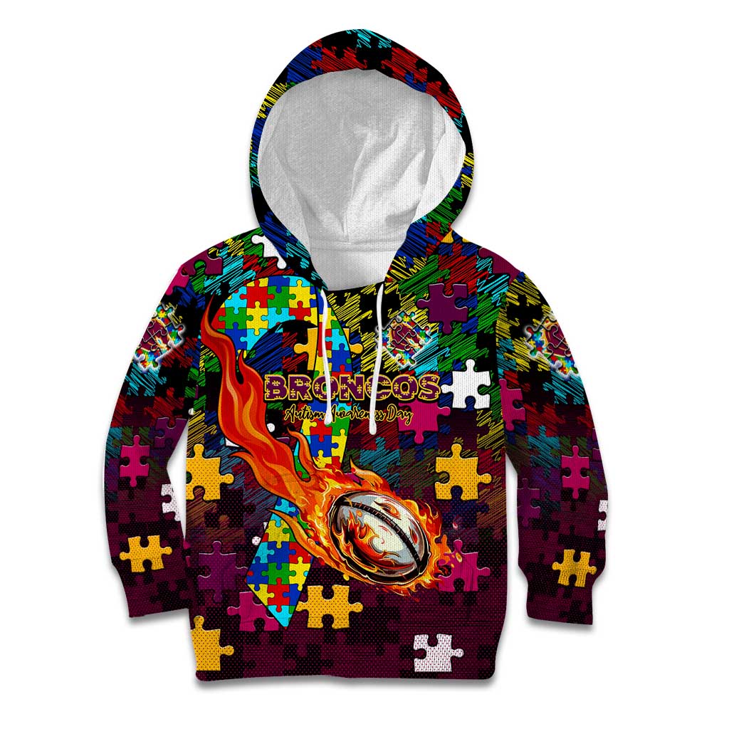 Broncos Autism Awareness Kid Hoodie Puzzle Flames Rugby Ball