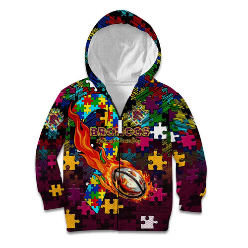 Broncos Autism Awareness Kid Hoodie Puzzle Flames Rugby Ball
