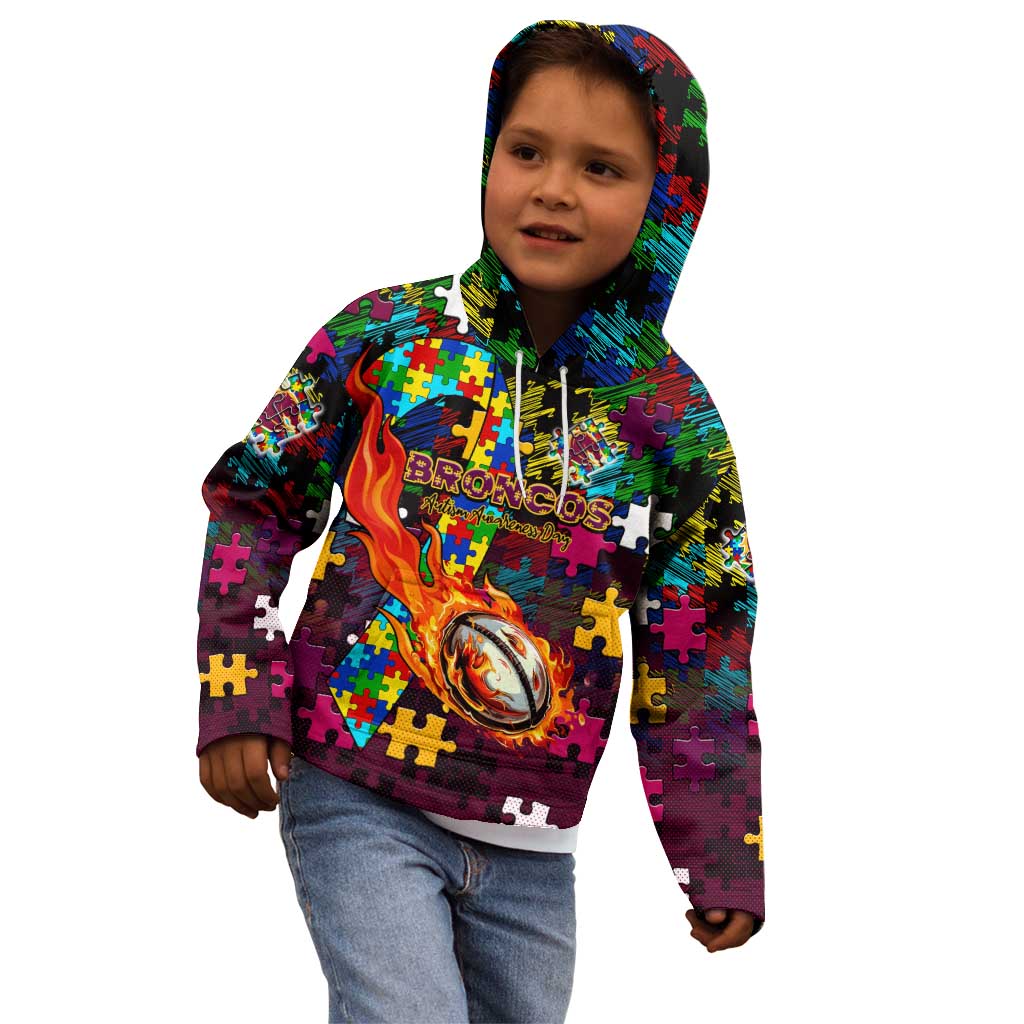 Broncos Autism Awareness Kid Hoodie Puzzle Flames Rugby Ball