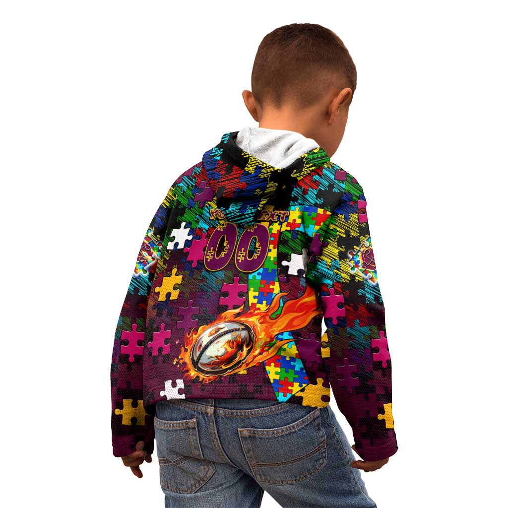 Broncos Autism Awareness Kid Hoodie Puzzle Flames Rugby Ball