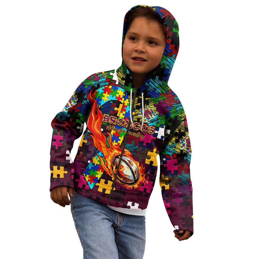 Broncos Autism Awareness Kid Hoodie Puzzle Flames Rugby Ball