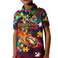 Broncos Autism Awareness Kid Polo Shirt Puzzle Flames Rugby Ball