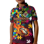 Broncos Autism Awareness Kid Polo Shirt Puzzle Flames Rugby Ball