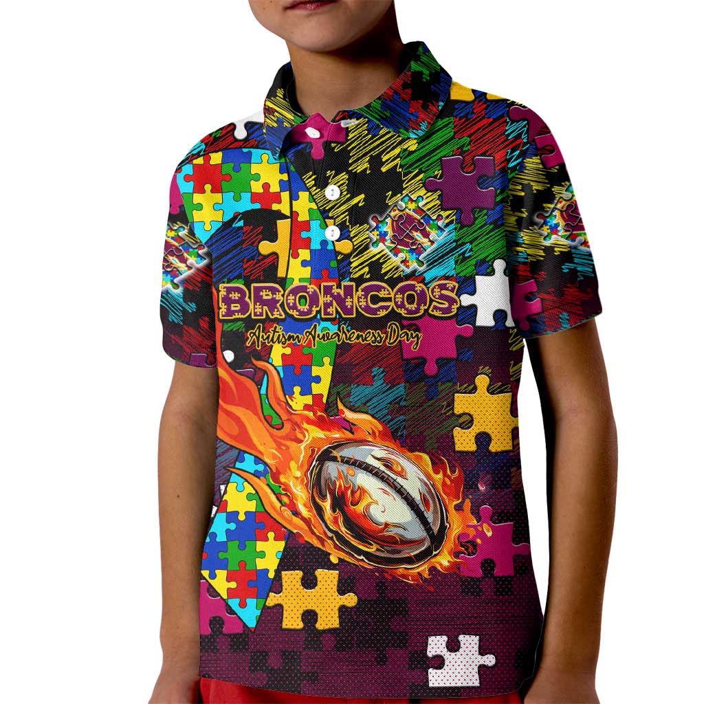Broncos Autism Awareness Kid Polo Shirt Puzzle Flames Rugby Ball