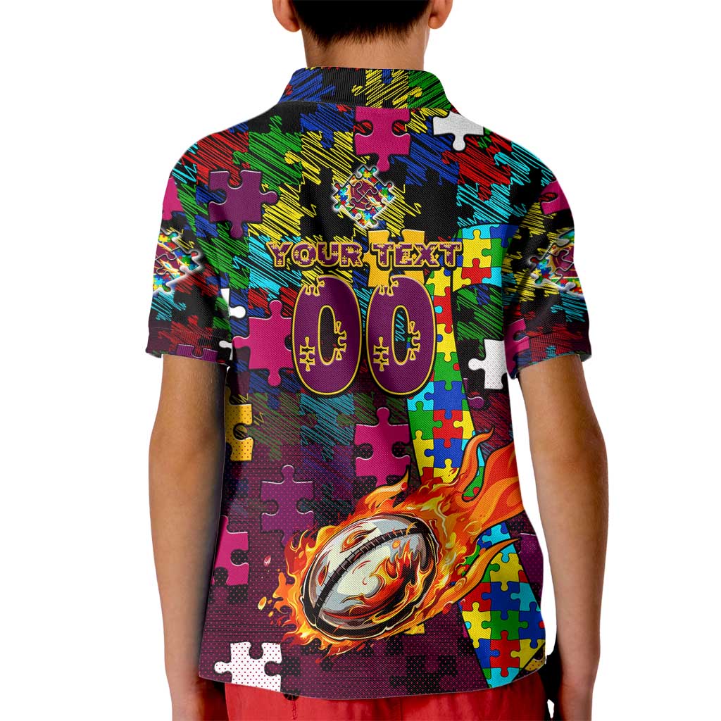 Broncos Autism Awareness Kid Polo Shirt Puzzle Flames Rugby Ball