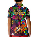 Broncos Autism Awareness Kid Polo Shirt Puzzle Flames Rugby Ball