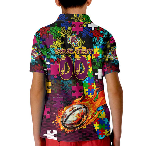 Broncos Autism Awareness Kid Polo Shirt Puzzle Flames Rugby Ball