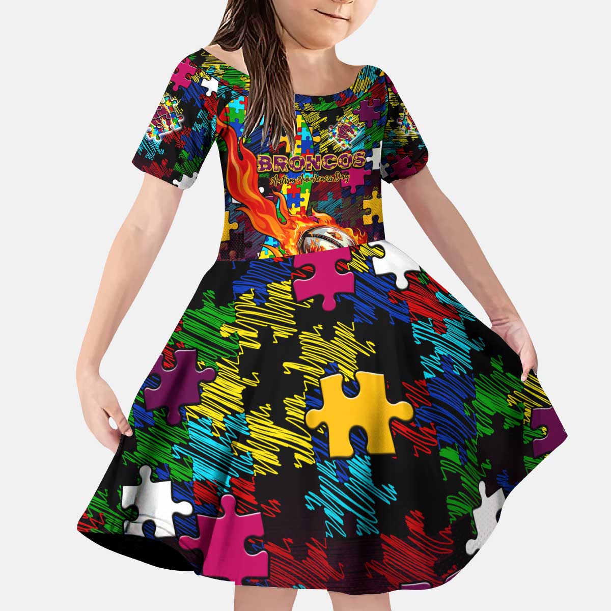 Broncos Autism Awareness Kid Short Sleeve Dress Puzzle Flames Rugby Ball