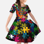 Broncos Autism Awareness Kid Short Sleeve Dress Puzzle Flames Rugby Ball