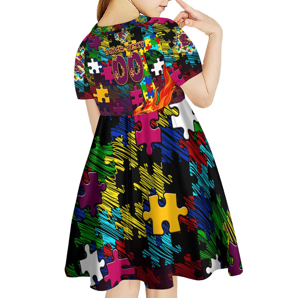 Broncos Autism Awareness Kid Short Sleeve Dress Puzzle Flames Rugby Ball