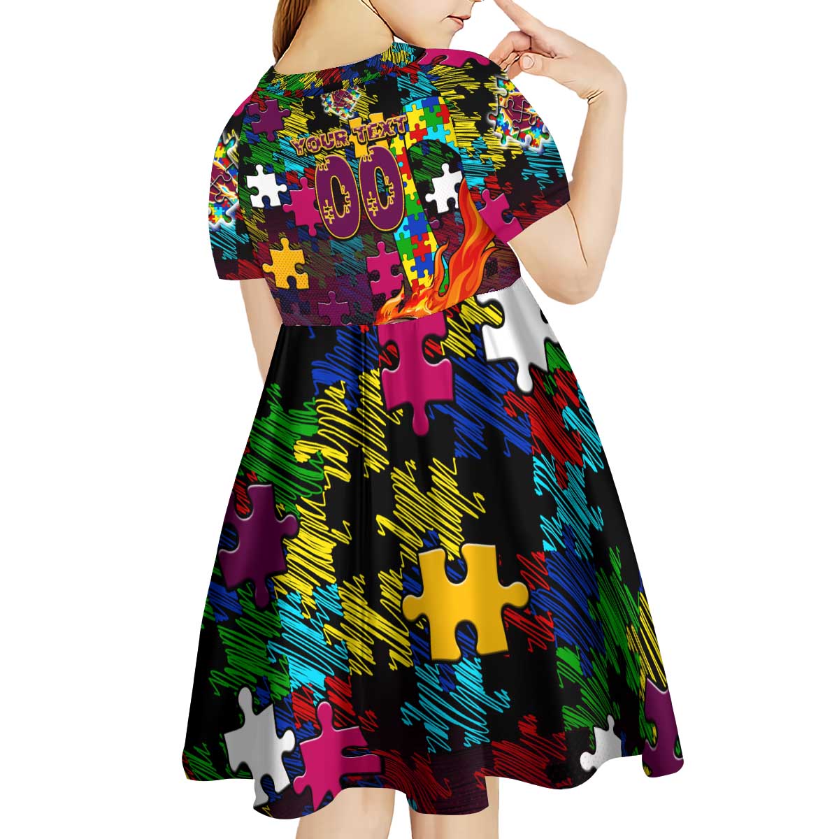 Broncos Autism Awareness Kid Short Sleeve Dress Puzzle Flames Rugby Ball