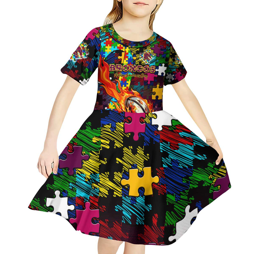 Broncos Autism Awareness Kid Short Sleeve Dress Puzzle Flames Rugby Ball