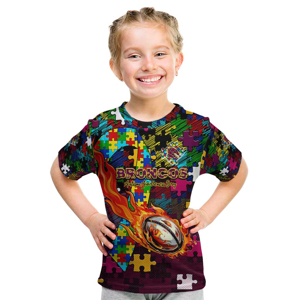 Broncos Autism Awareness Kid T Shirt Puzzle Flames Rugby Ball