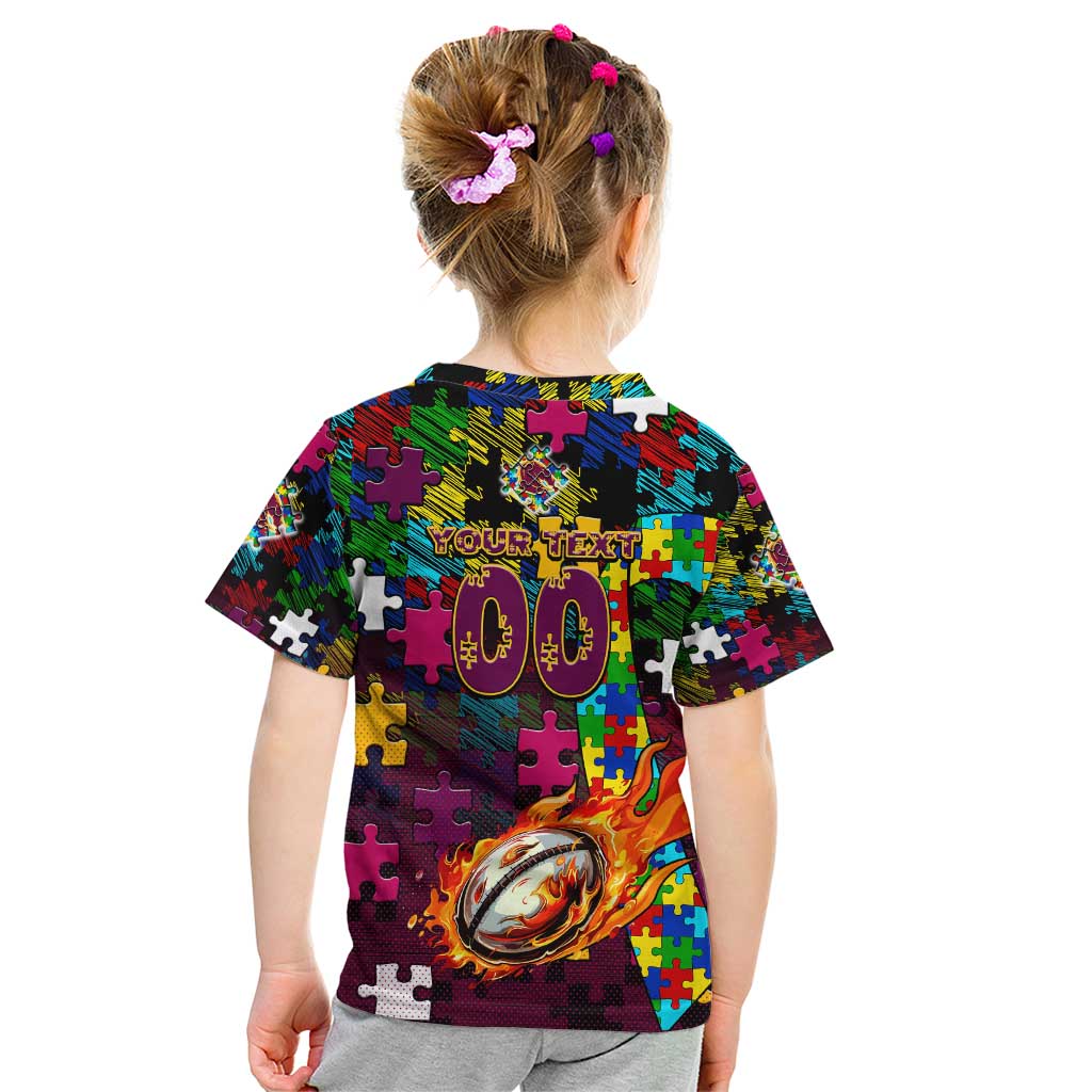 Broncos Autism Awareness Kid T Shirt Puzzle Flames Rugby Ball