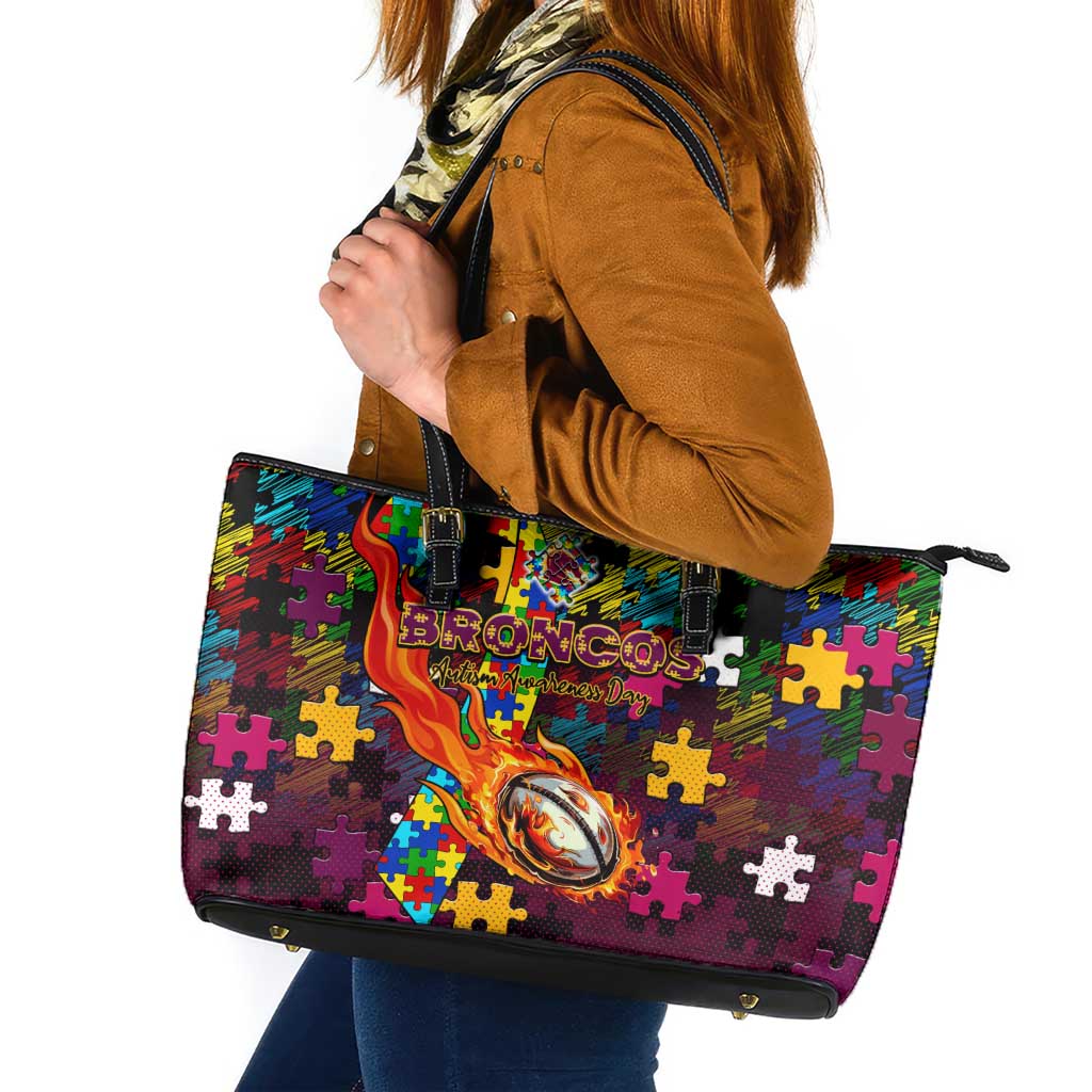Broncos Autism Awareness Leather Tote Bag Puzzle Flames Rugby Ball