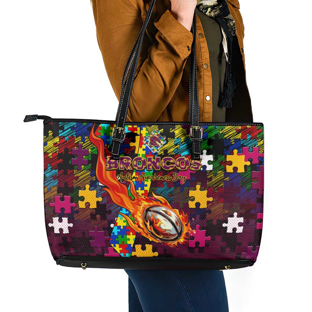 Broncos Autism Awareness Leather Tote Bag Puzzle Flames Rugby Ball