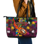 Broncos Autism Awareness Leather Tote Bag Puzzle Flames Rugby Ball