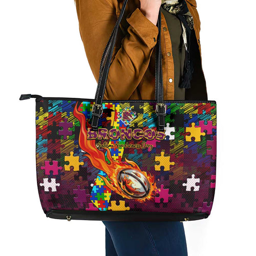 Broncos Autism Awareness Leather Tote Bag Puzzle Flames Rugby Ball