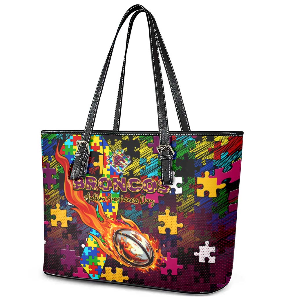 Broncos Autism Awareness Leather Tote Bag Puzzle Flames Rugby Ball