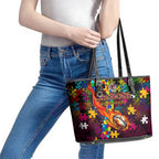 Broncos Autism Awareness Leather Tote Bag Puzzle Flames Rugby Ball