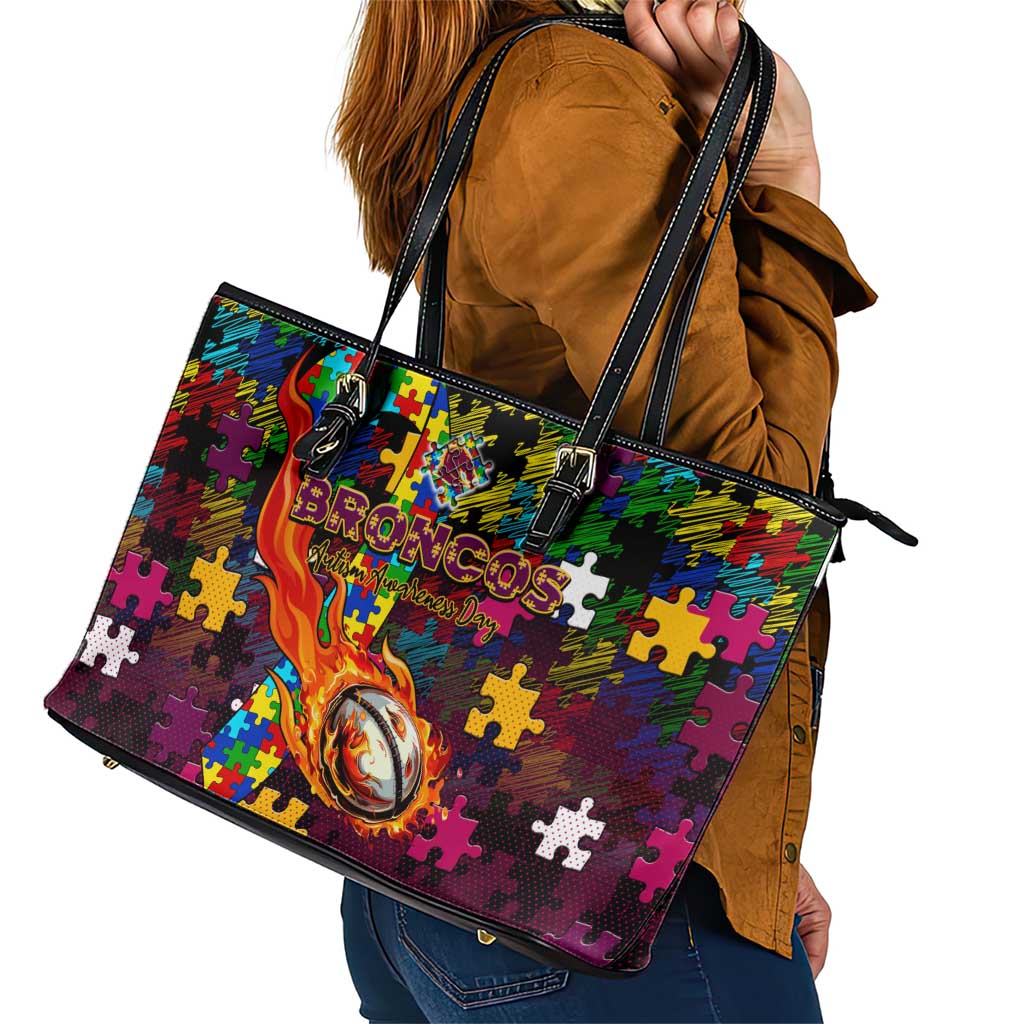 Broncos Autism Awareness Leather Tote Bag Puzzle Flames Rugby Ball