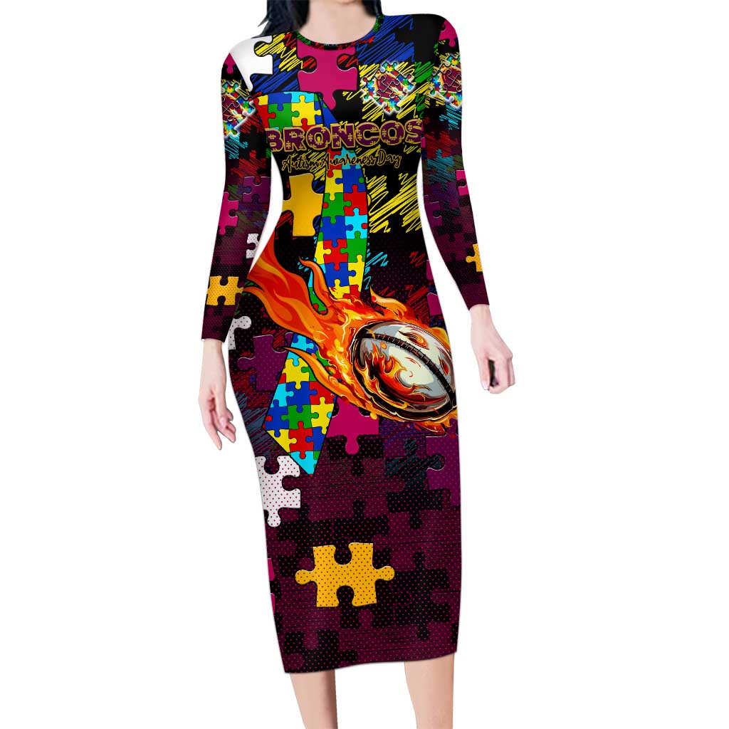 Broncos Autism Awareness Long Sleeve Bodycon Dress Puzzle Flames Rugby Ball