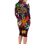 Broncos Autism Awareness Long Sleeve Bodycon Dress Puzzle Flames Rugby Ball