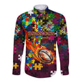 Broncos Autism Awareness Long Sleeve Button Shirt Puzzle Flames Rugby Ball