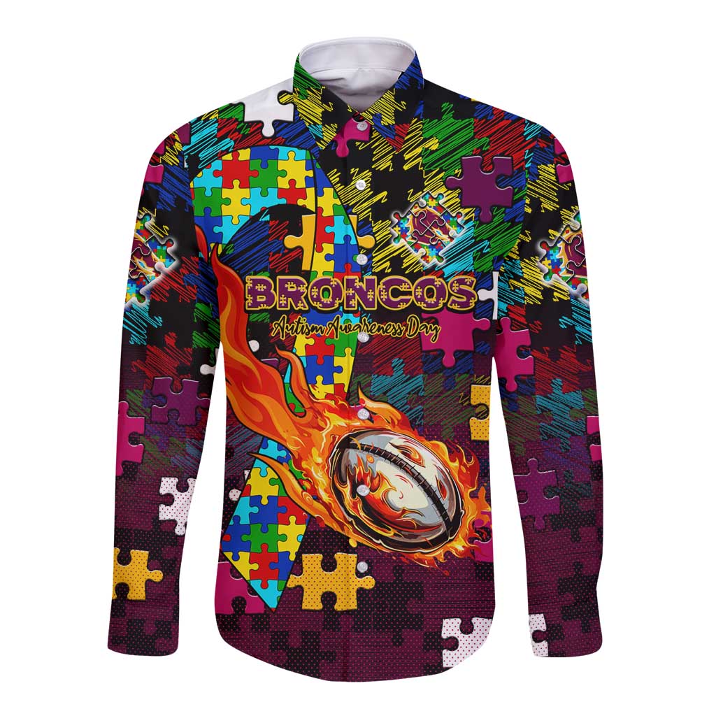 Broncos Autism Awareness Long Sleeve Button Shirt Puzzle Flames Rugby Ball