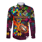 Broncos Autism Awareness Long Sleeve Button Shirt Puzzle Flames Rugby Ball