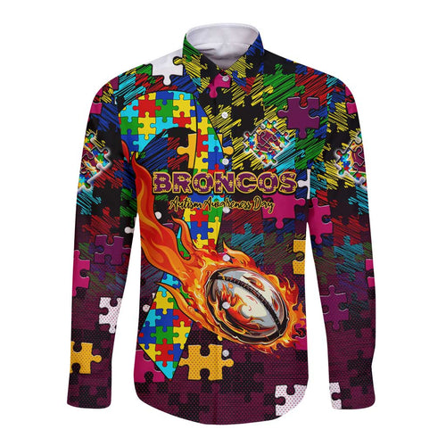 Broncos Autism Awareness Long Sleeve Button Shirt Puzzle Flames Rugby Ball