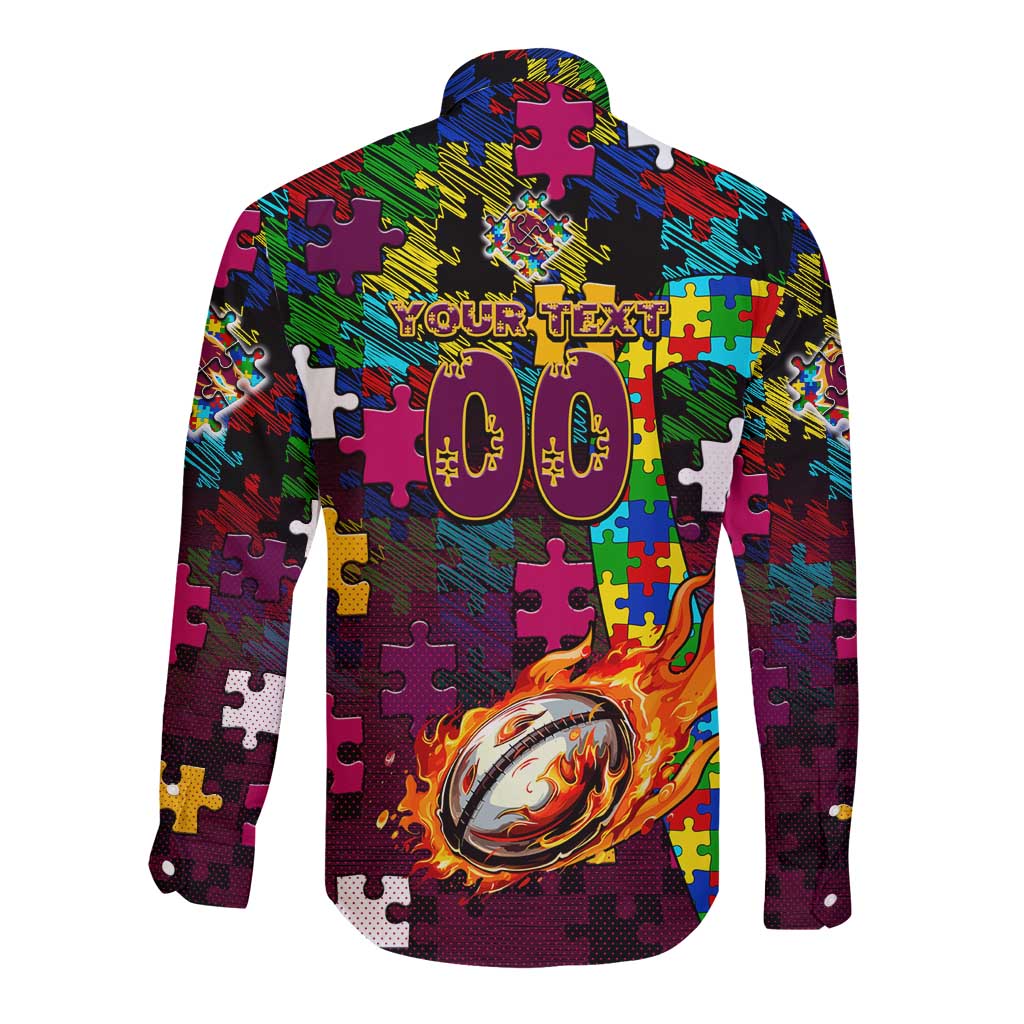 Broncos Autism Awareness Long Sleeve Button Shirt Puzzle Flames Rugby Ball